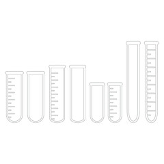 Chemical test tubes vector icons set of different sizes of flasks minimalist simple flat illustrations. Experiment chemical flasks for science isolated on white background.