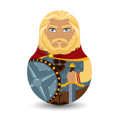 Bogatyr. Old Slavic warrior blond in armor and with a sword and shield in his hands. Design tilting toy. Modern kawaii dolls for your business project. Flat vector illustration.