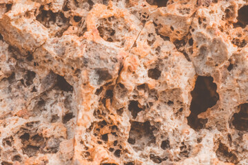 Abstract nature real photo background. Macro close up details dry rock crack stone solid foamy formations or lava volcanic, pumice texture ancient lunar style. Light orange vintage stock