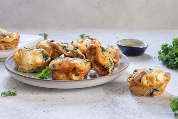 Vegetarian egg muffins with mushroom, green kale and feta cheese for Healthy keto diet Breakfast or lunch