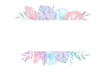 Watercolor tropical pink-blue leaves. Tropical leaves frame for summer wedding invitation, cards, logo, etc. Palm leaves, monstera, banana leaves. Golden frame with leaves.
