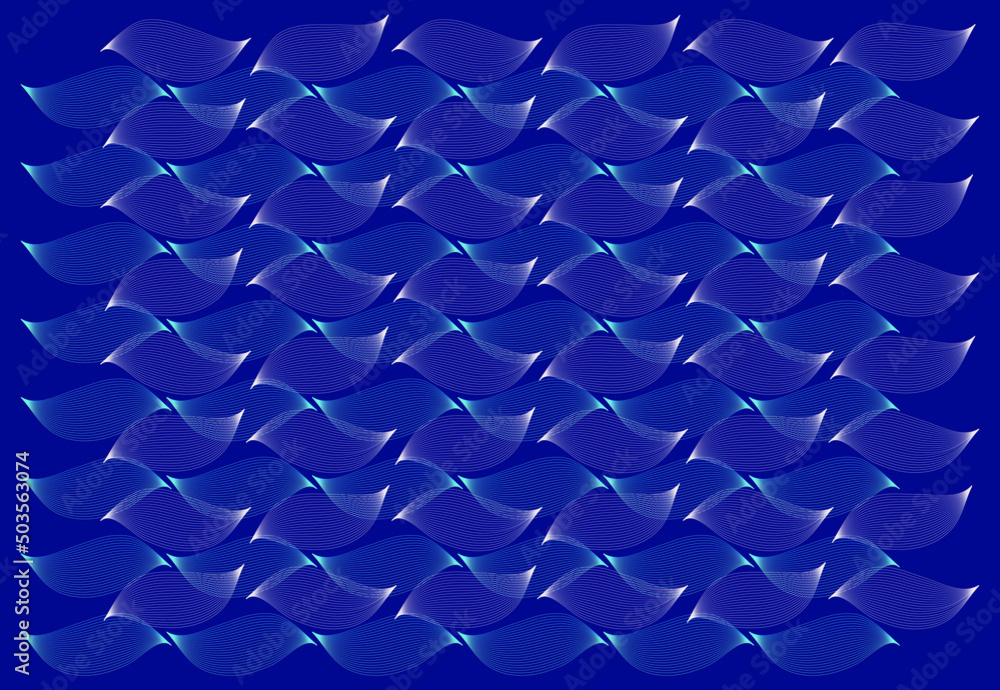 Poster transparent illuminated abstract petals are arranged in rows on a blue background and look like wave