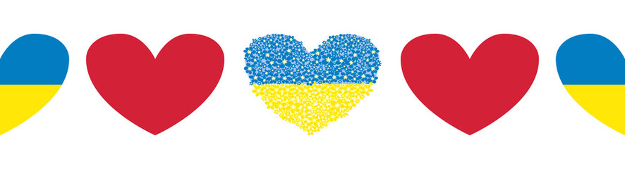 Ukraine seamless banner with hearts in blue and yellow flag colors and a heart made of flowers. Flowers are better