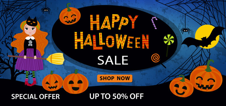 Happy Halloween sale banner.
party invitation background. Vector image