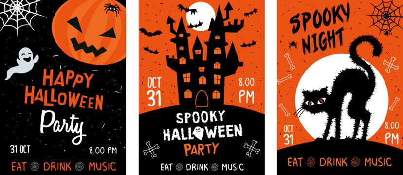 halloween party flyer template. big set. vector image in cartoon style