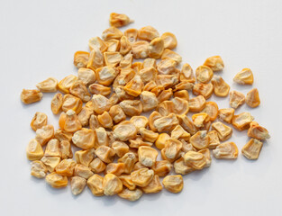 Corn seeds on a white background. Close-up.