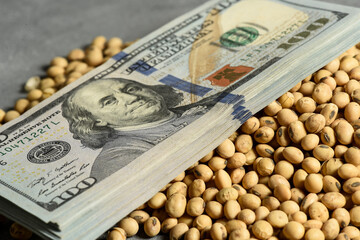 Dollars banknotes and coins and soy beans,oleaginous commoditi value concept.