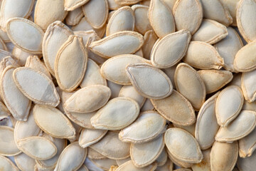 Pumpkin seeds on a white background. Texture