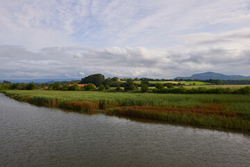 A river with vegetation along its banks under a cloudy sky
