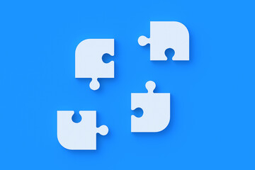 Fototapeta premium Unfinished jigsaw puzzle pieces with bevel corner on blue background. Top view. 3d render