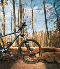 Fototapeta premium Mountain bike in the woods. A bicycle with sports geometry and air fork stands in the forest. Concept of spending time doing extreme sports outside