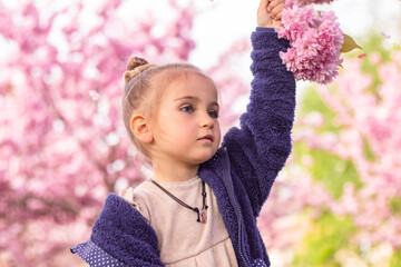 A little girl holds on to a cherry blossom branch in a flowering alley.