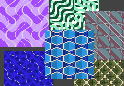 Seamless Pattern Set with Retro Colored Geometric Shapes and 3D Shadow Effect
