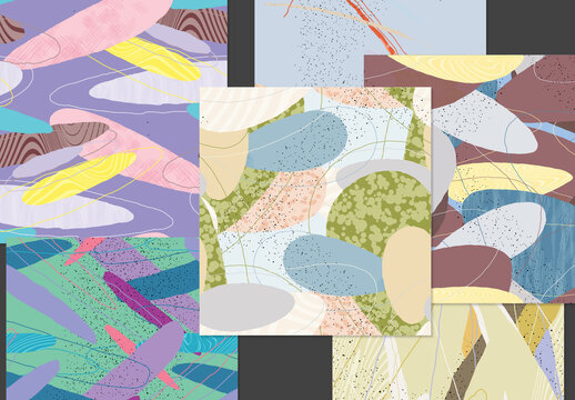 Seamless Pattern Set with Organic Grunge Textured Overlapping Oval Wavy Shapes and Lines