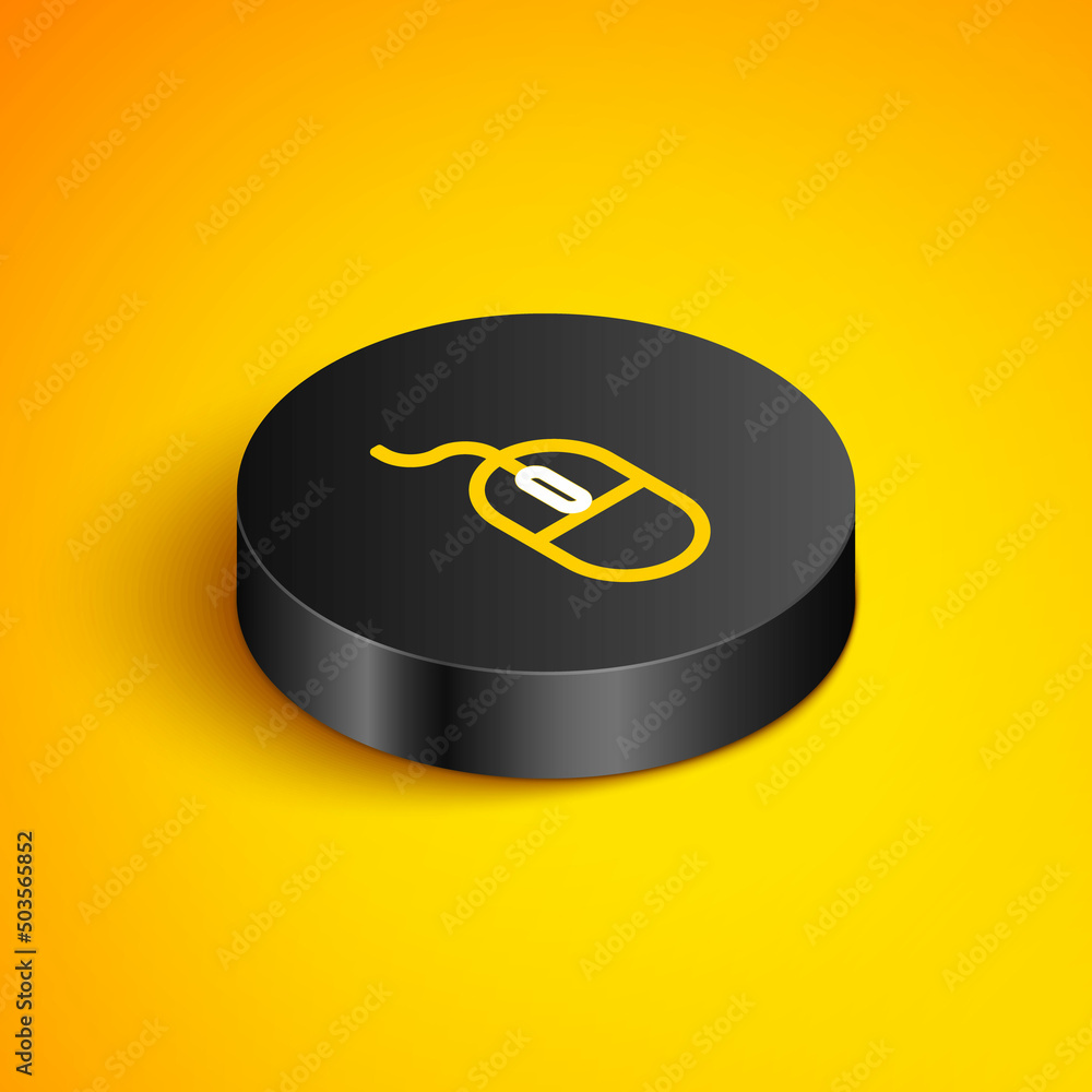 Poster isometric line computer mouse icon isolated on yellow background. optical with wheel symbol. black c
