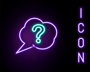 Obraz na płótnie Canvas Glowing neon line Speech bubble and Question icon isolated on black background. FAQ sign. Copy files, chat speech bubble and chart. Colorful outline concept. Vector
