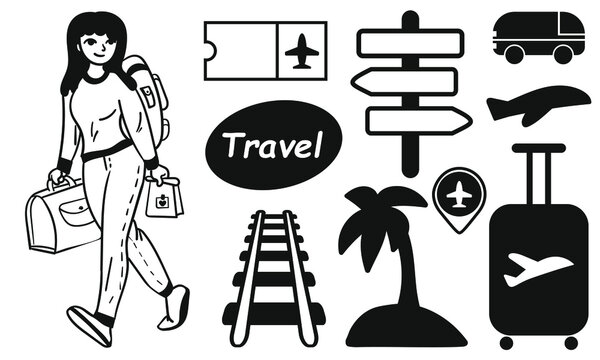 set of symbols, elements, signs of travel by plane, bus, train. Traveler girl with backpack, bag, lunch on the way. Island with a palm tree, railway, plane ticket, pointer, geotag, travel suitcase