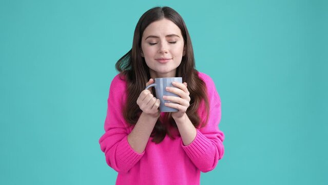 Lady suffer cold climate smell aroma latte isolated cyan color background
