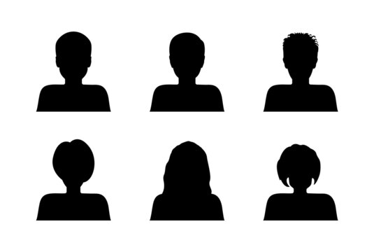 Persons of man and woman. Avatar, silhouette of human head, portrait. Icons of female, girl and male in black isolated. Vector. Symbols of anonymous profiles, faces of users for business