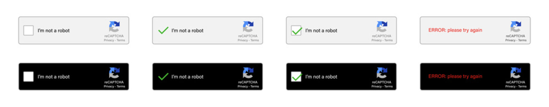 Captcha. Robot recaptcha code. Im not robot captcha with buttons for password. Turing test icons and logos. Vector. Computer random captcha test for internet and capabilities