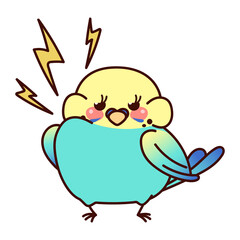 Arrogant and angry parrot. Cartoon blue budgie. Kawaii vector sticker isolated on a white background.