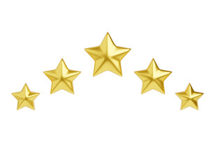 Five golden stars 3d render illustration for customer review concept. Positive client experience concept.