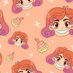 Kawaii girl seamless pattern. Hand gesture LIKE.