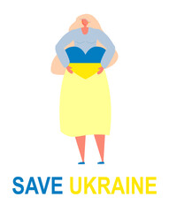The girl hugs a heart with the colors of the flag of Ukraine. There is no war. Ukraine in the heart. Concept