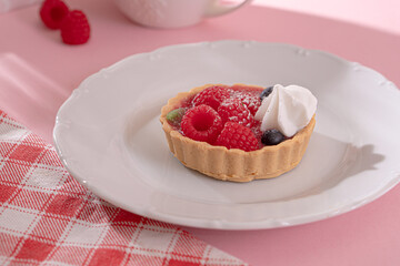 Sandless cake with cream and blueberries, and raspberry on a white plate on a pink table
