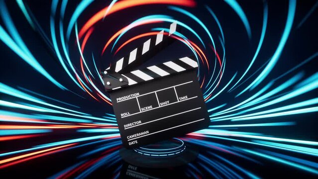 Clapper board with spin lines effect background, 3d rendering.
