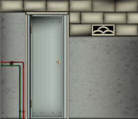 Gray metal door on the wall. Pipes. Industrial area. Realistic illustration.