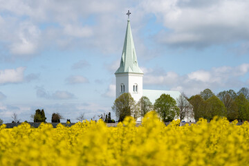 Sodra Akarps church (Södra Åkarps kyrka) is built 1888 and located in Vellinge, Sweden. Selective focus.