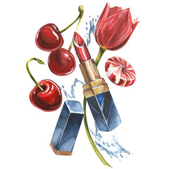 Lipstick. Opened red lipstick in black case. Pomade with Cherry fruits and flowers. Isolated clipart hand painted, fresh exotic food red for food label design. - 503569422