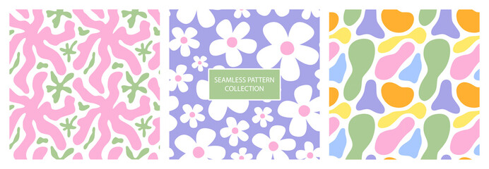 Set of vector abstract vintage seamless pattern. Square groovy background with daisy flowers, blot and shape. Retro flower wallpaper in 1970 style.