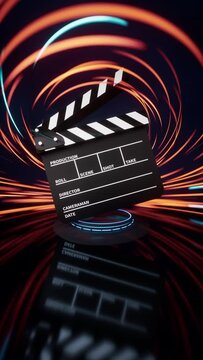 Clapper board with spin lines effect background, 3d rendering.