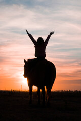 silueta de nena montada a caballo mirando el atardecer y levantando los brazos 