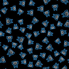 Line School backpack icon isolated seamless pattern on black background. Vector