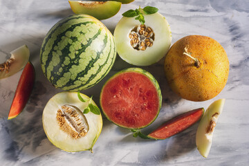 Directly above shot of various types of melons slices