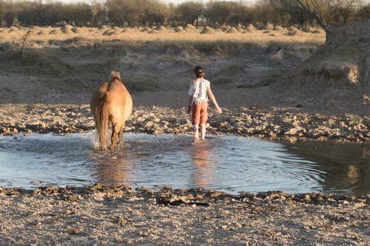 nena y caballo metidos en un arrollo para cruzar