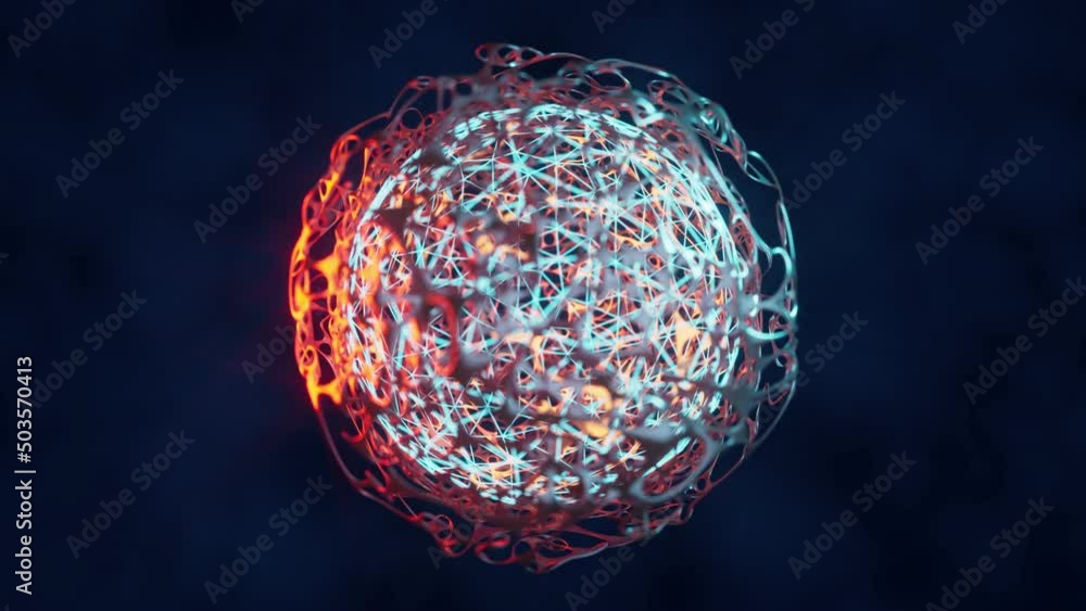 Poster biochemistry sphere with digital mesh lines, 3d rendering.