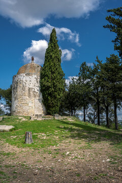 Wheat mill converted into a mausoleum built on the site of the castle of Calvisson, Gard, South of France