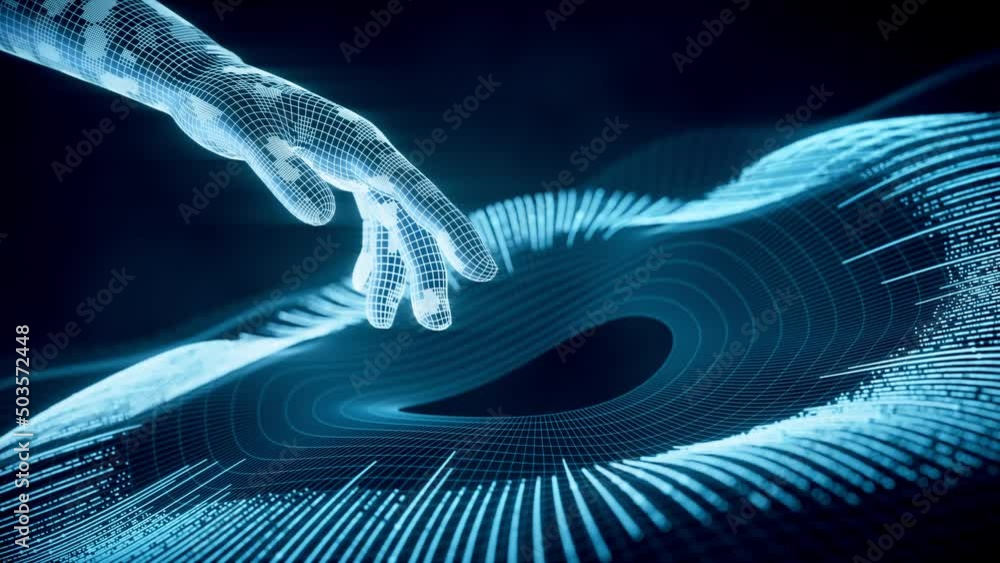 Aufkleber cyberspace data lines with a virtual hand, 3d rendering.
