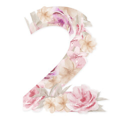 Floral Number 2 Watercolor illustration Monogram Design. Watercolour Flower number two isolated on white background.