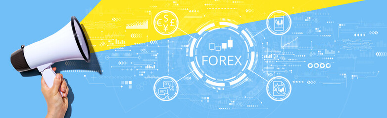 Forex trading concept with hand holding a white megaphone