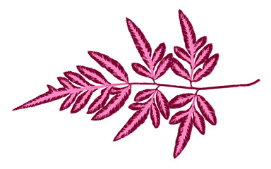 Fern leaf illustration in pink tones on white background