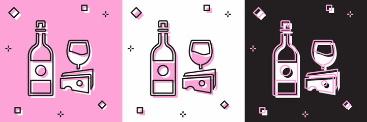 Set Wine bottle with glass and cheese icon isolated on pink and white, black background. Romantic dinner. Vector