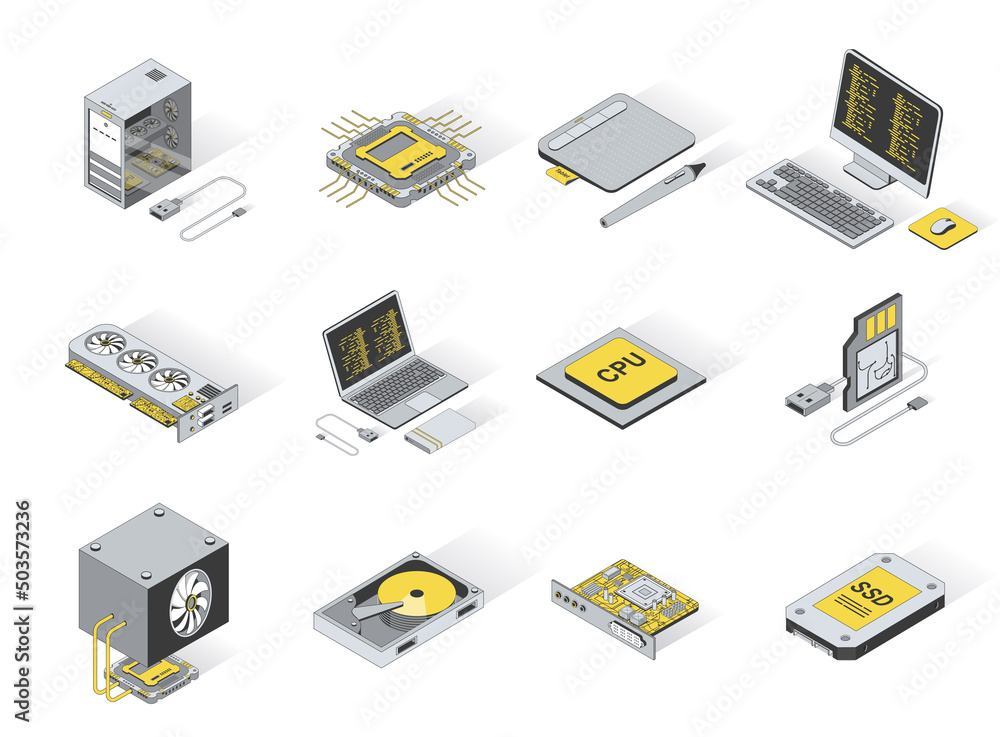 Poster computer elements concept 3d isometric icons set. pack elements of laptop, processor, touchpad, keyb
