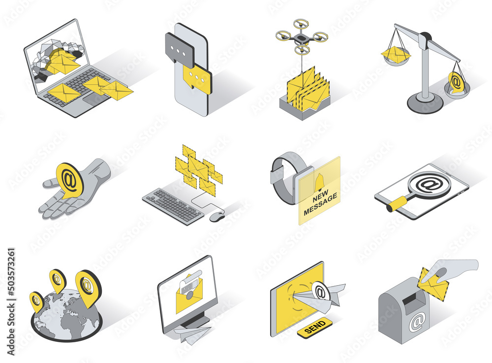 Poster contacts concept 3d isometric icons set. pack elements of sending and receiving email, messaging app