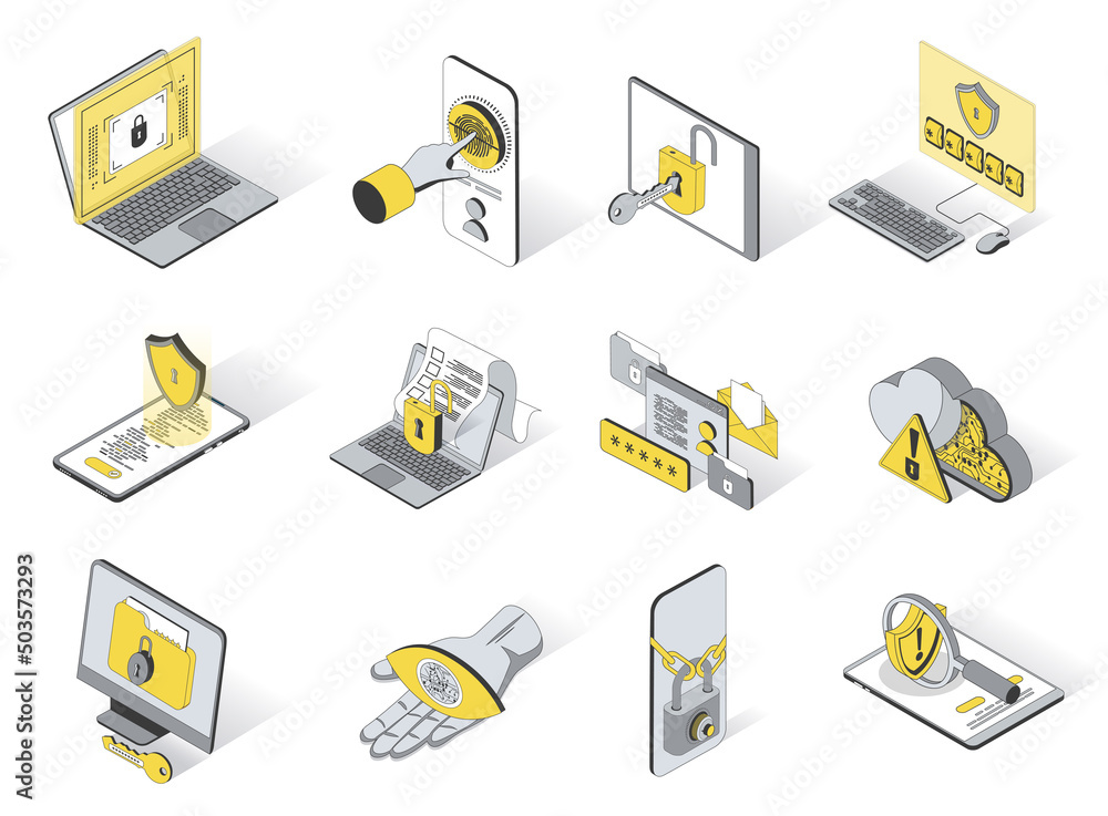 Aufkleber cyber security concept 3d isometric icons set. pack elements of password, fingerprint scanner, padlo