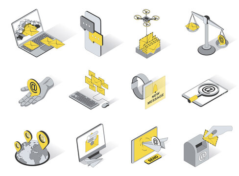 Contacts concept 3d isometric icons set. Pack elements of sending and receiving email, messaging app, online chatting, letters, notifications and other. Vector illustration in modern isometry design